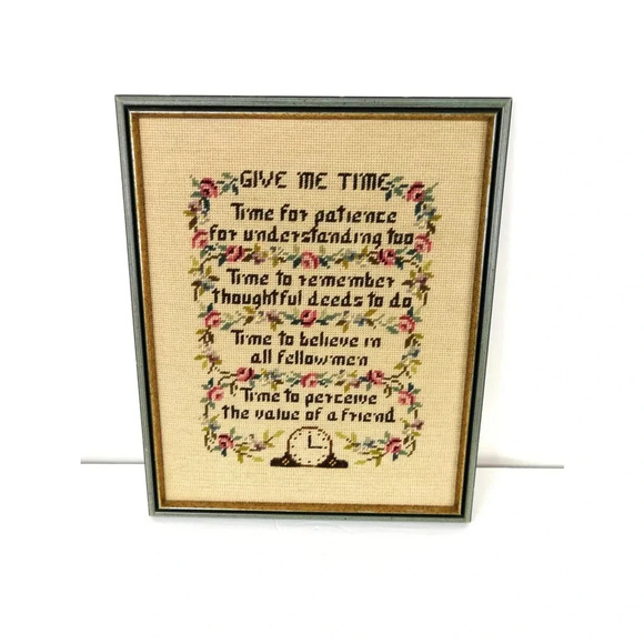 Needlepoint Completed  Give Me Time Friendship Ecru Poetry Sampler Poem 16 x 14 - Picture 1 of 3